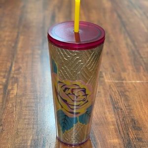 NWT Starbucks Gold Quilted Pink Rose Tumbler- 24oz